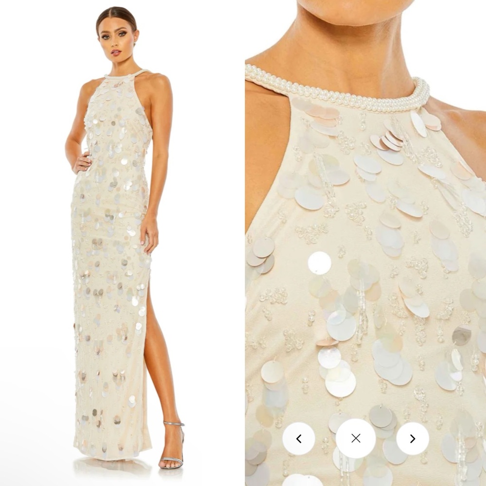 NWT Mac Duggal Crystal Embellished Cascade Open Back Column Gown 10878 Size 8